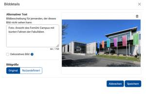 Screenshot: Moodle, Bild einfügen, Textbox für Alternativtext wird angezeigt.